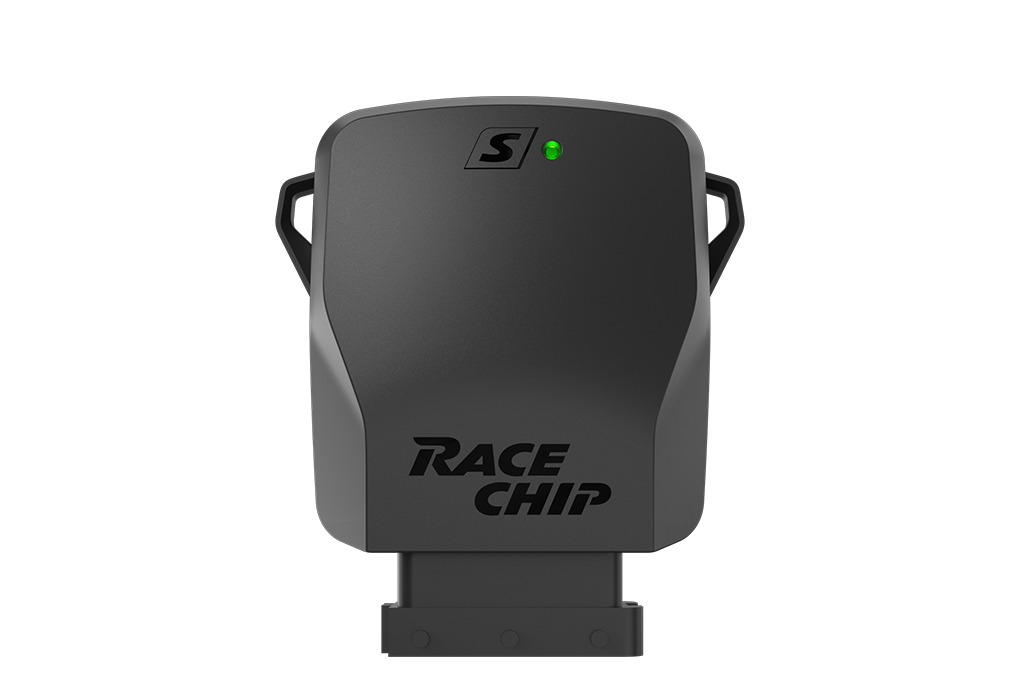 Centralina RaceChip S con spia di funzionamento verde, design essenziale e logo RaceChip.