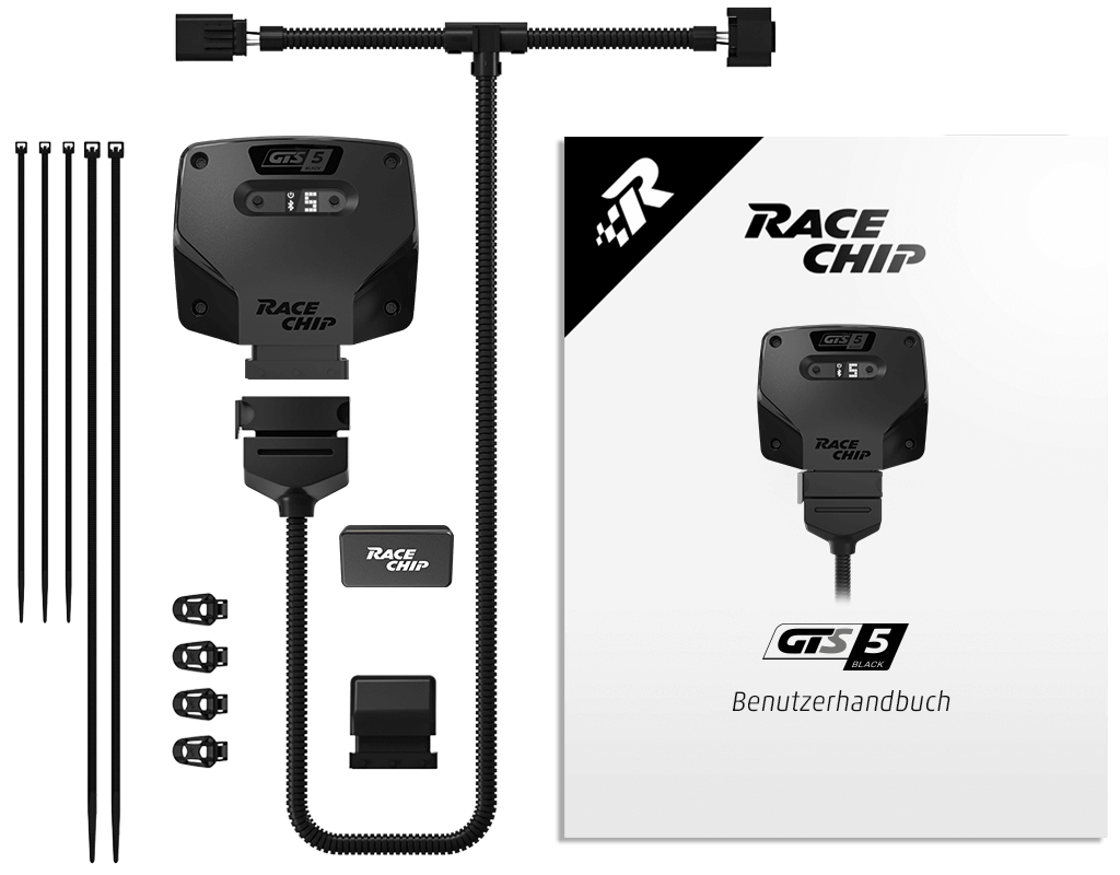 Contenuto della confezione RaceChip GTS 5 Black: centralina, cablaggio specifico del motore, connettore originale, clip di fissaggio 360°, fascette e manuale utente.
