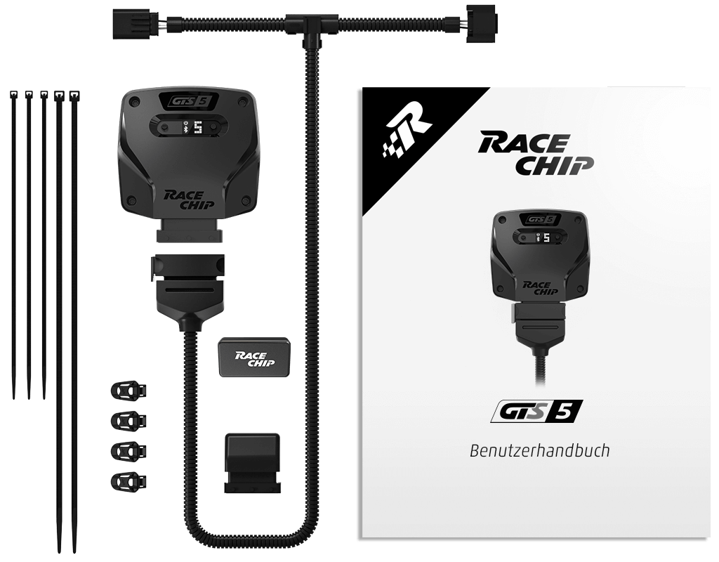 Contenuto della confezione RaceChip GTS 5: centralina, cablaggio specifico del motore, connettore originale, clip di fissaggio 360°, fascette e manuale utente.