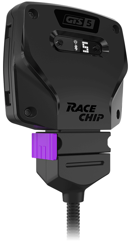 Centralina RaceChip GTS 5 in vista angolata con chiusura viola e indicatore LED per Bluetooth e livello di potenza.