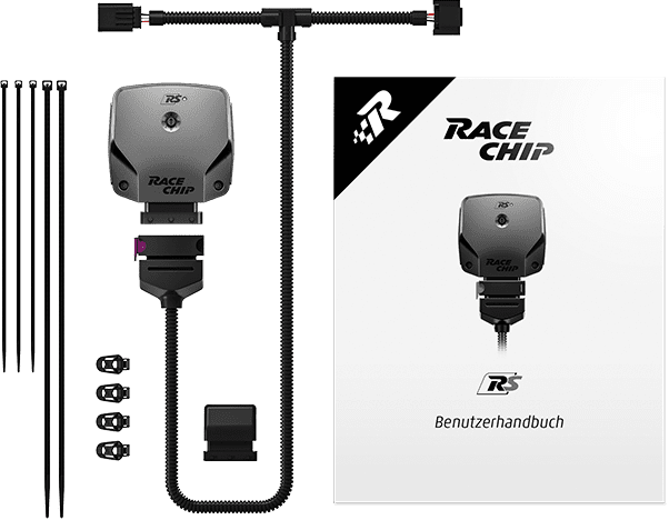 Contenuto della confezione RaceChip RS: centralina, cablaggio specifico del motore, connettore originale, clip di fissaggio 360°, fascette e manuale utente.