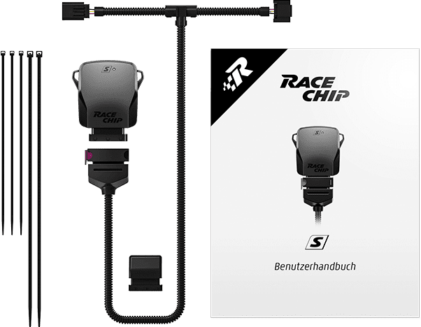 Contenuto della confezione RaceChip S: centralina, cablaggio specifico del motore, connettore originale, fascette e manuale utente.